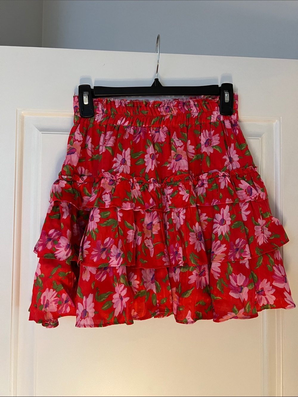 LoveShackFancy Red Floral Tiered Mini Skirt